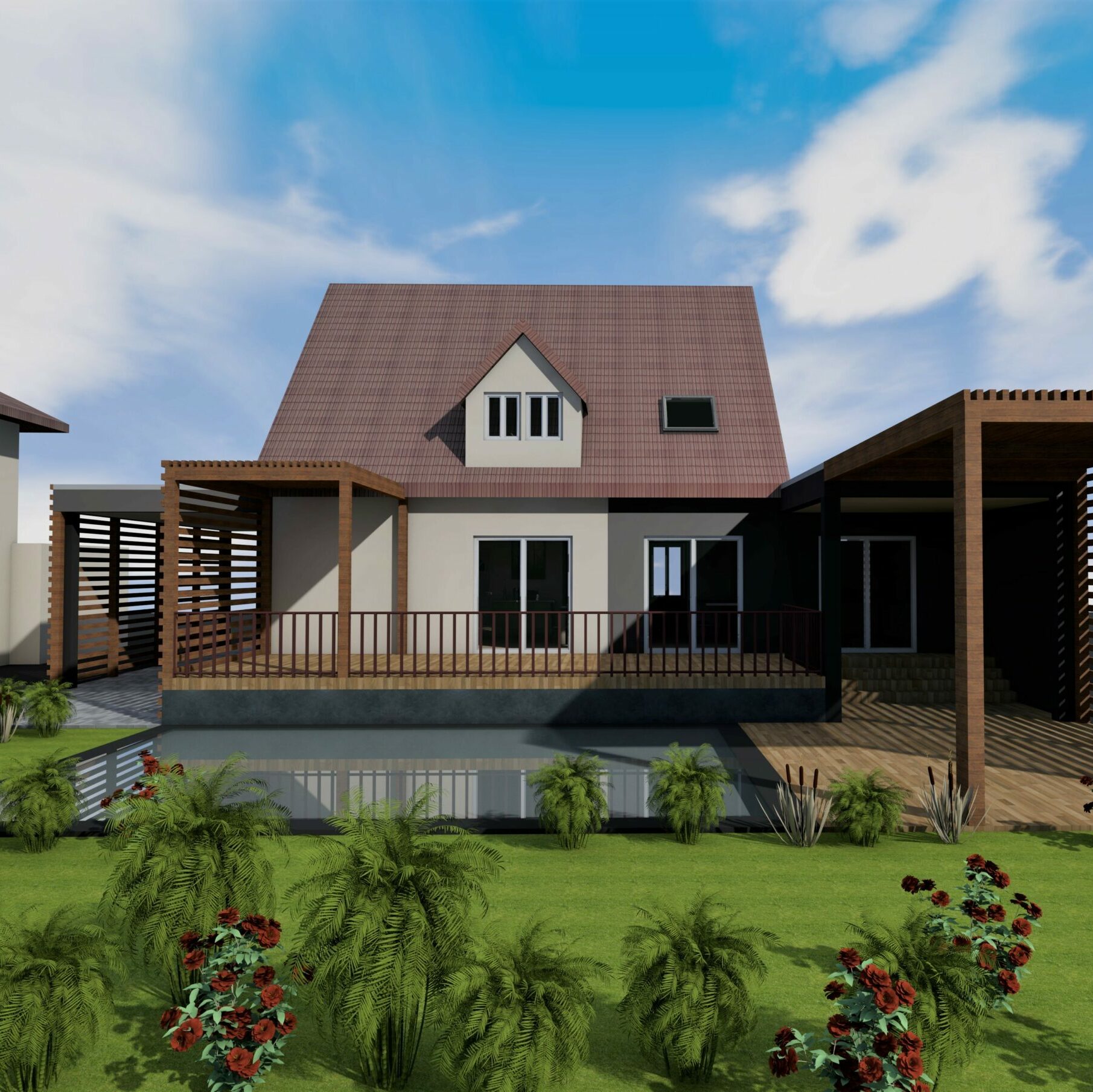 Extension de maison et pergolas en bois donnant sur une piscine et un espace extérieur paysagé