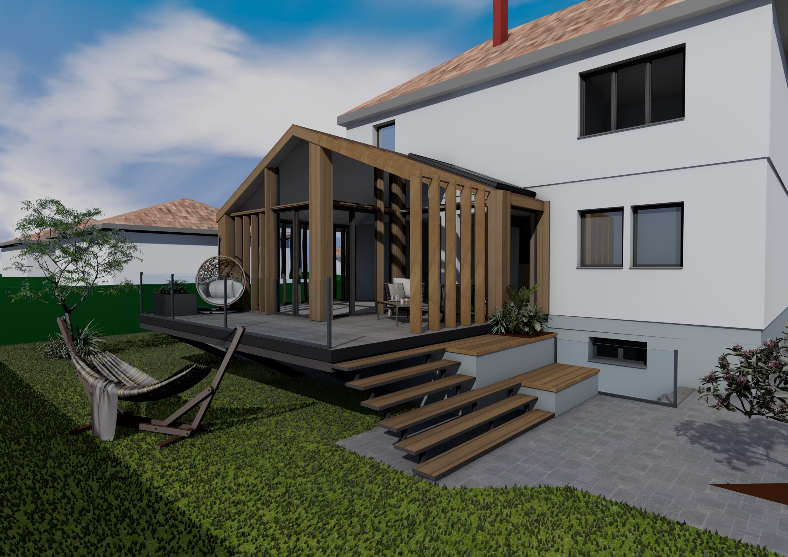 Extension moderne en structure bois et une terrasse sous pergola design